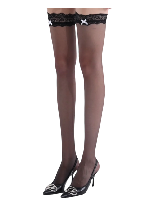 Ribbon lace thigh high socks in black, coquette accessory by Angel Ruche