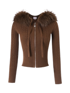 Fur trim Mocha cable knit zip up cardigan in brown, cozy coquette knitwear by Angel Ruche