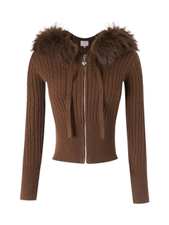 Fur trim Mocha cable knit zip up cardigan in brown, cozy coquette knitwear by Angel Ruche