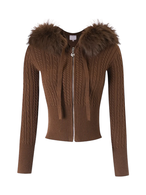 Fur trim Mocha cable knit zip up cardigan in brown, cozy coquette knitwear by Angel Ruche