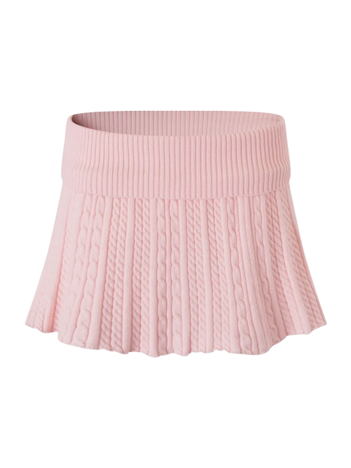 Strawberry Milk cable knit fold over mid rise skirt in pink, balletcore knitwear by Angel Ruche