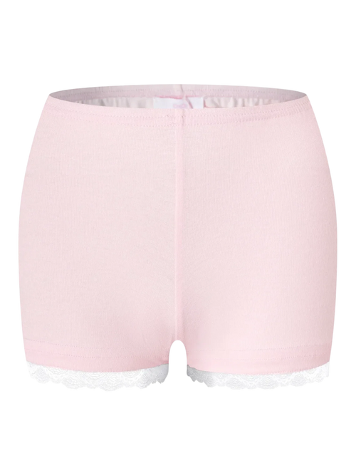 Basic pink safety shorts with white lace trim, coquette essentials by Angel Ruche