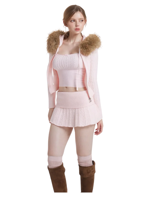 Fur trim Strawberry Milk cable knit in pink by Angel Ruche, photo 2