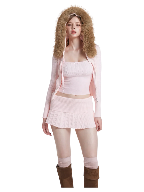 Fur trim Strawberry Milk cable knit in pink by Angel Ruche, photo 7