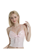 Rosette Fairy Dust sequin halter top in pink, coquette top by Angel Ruche