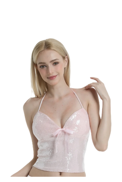 Rosette Fairy Dust sequin halter top in pink, coquette top by Angel Ruche