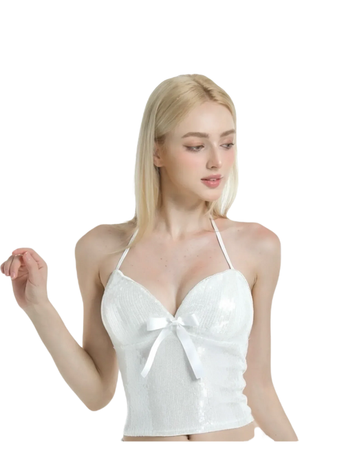 Diamond Fairy Dust sequin halter top in white, coquette top by Angel Ruche