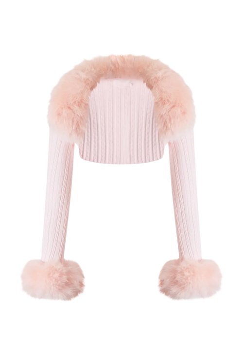 Colette fur trim cable knit bolero cardigan in pink, balletcore knitwear by Angel Ruche