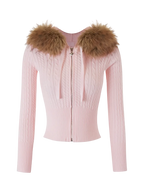 Fur trim Strawberry Milk cable knit cardigan in pink, balletcore knitwear by Angel Ruche