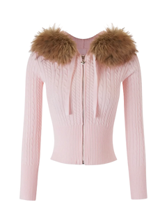 Fur trim Strawberry Milk cable knit cardigan in pink, balletcore knitwear by Angel Ruche