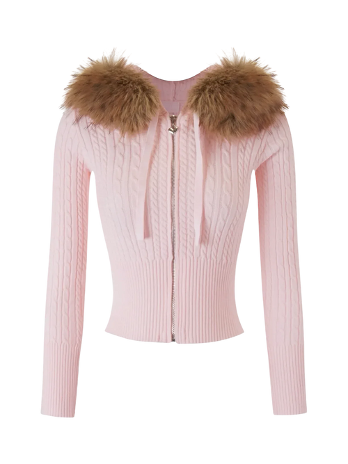 Fur trim Strawberry Milk cable knit cardigan in pink, balletcore knitwear by Angel Ruche