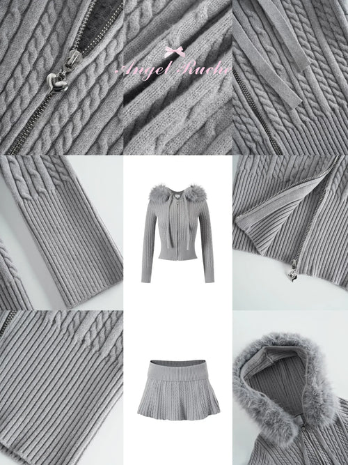 Fur trim Cozy Cloud cable knit set in grey by Angel Ruche, photo 4