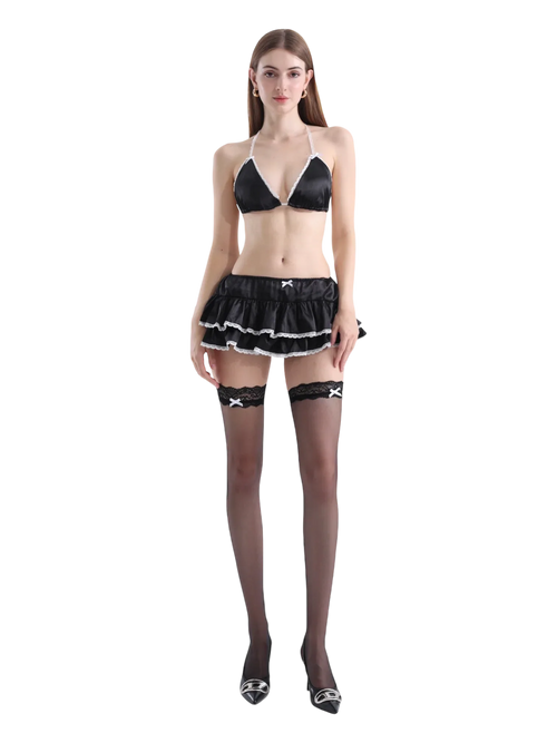 Ribbon lace thigh high socks in black by Angel Ruche, photo 2
