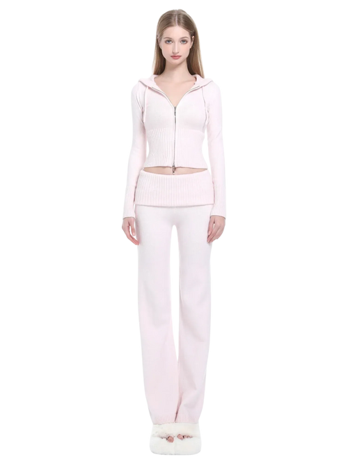 That Girl rib knit set in baby pink with zip up cardigan and fold over pants, soft girl matching set by Angel Ruche