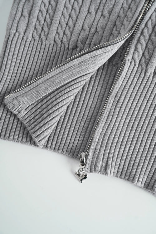 Fur trim Cozy Cloud cable knit cardigan in grey by Angel Ruche, photo 9