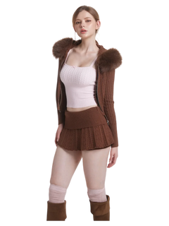 Fur trim Mocha cable knit set in brown by Angel Ruche, photo 9