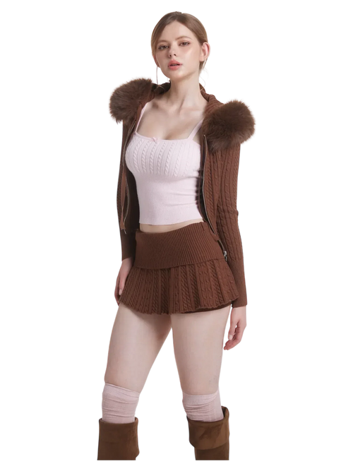 Fur trim Mocha cable knit set in brown by Angel Ruche, photo 9