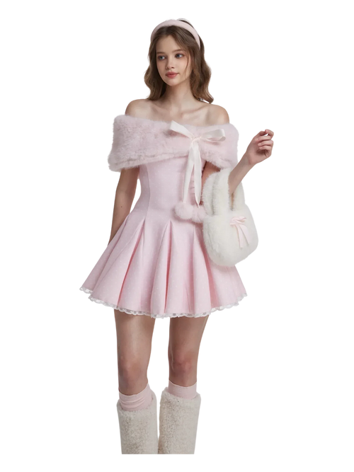 Sugar Pom fur pullover shoulder cape in pink, coquette winter accessory by Angel Ruche