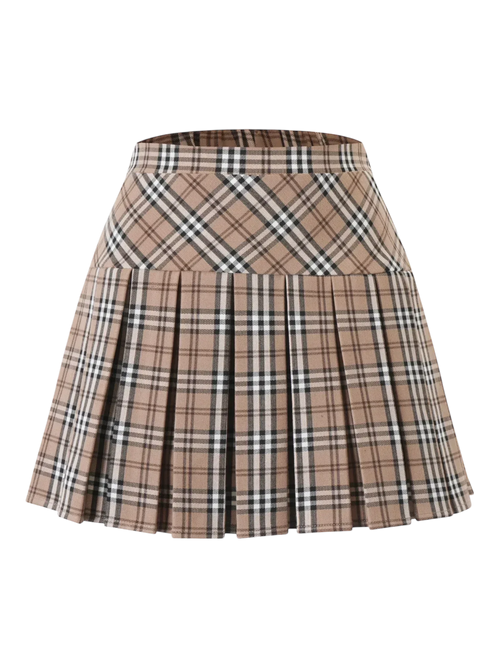 Girly Plaid pleated high rise skirt in khaki with built in shorts, coquette style by Angel Ruche