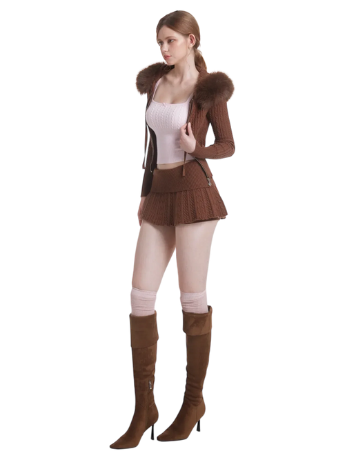 Fur trim Mocha cable knit set in brown by Angel Ruche, photo 10