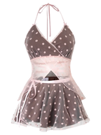 Maison Polka babydoll wrap set in pink and brown polka dot, coquette outfit by Angel Ruche