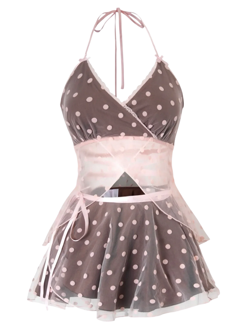 Maison Polka babydoll wrap set in pink and brown polka dot, coquette outfit by Angel Ruche