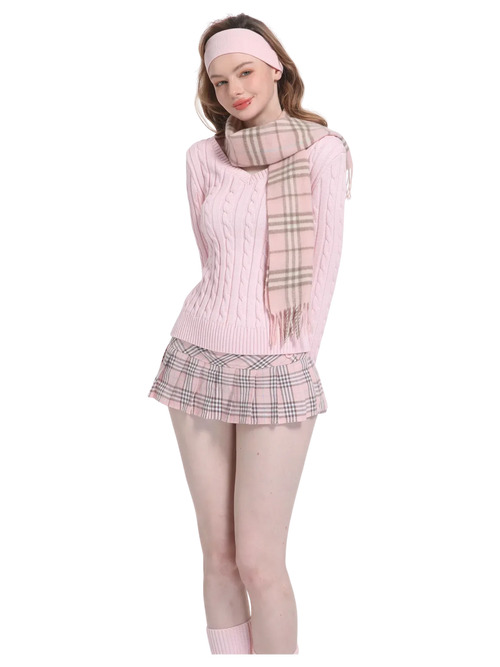 Love Letter cable knit V neck sweater in pink, preppy coquette knitwear by Angel Ruche