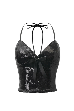 Onyx Fairy Dust sequin halter top in black, coquette top by Angel Ruche