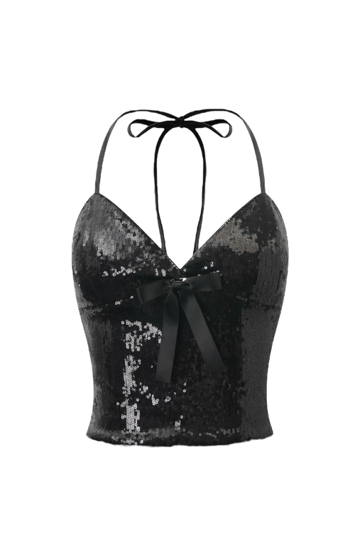Onyx Fairy Dust sequin halter top in black, coquette top by Angel Ruche