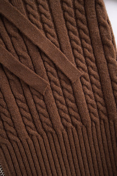 Fur trim Mocha cable knit zip up cardigan in brown by Angel Ruche, photo 22