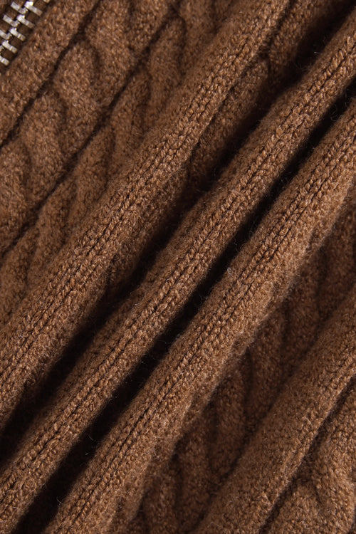Fur trim Mocha cable knit zip up cardigan in brown by Angel Ruche, photo 23